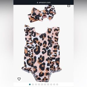 Adorable mud pie leopard print swimsuit with matching bow